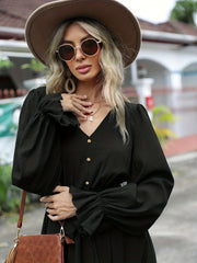 Plus Size Solid Button Lantern Sleeve V Neck Maxi Smock Dress