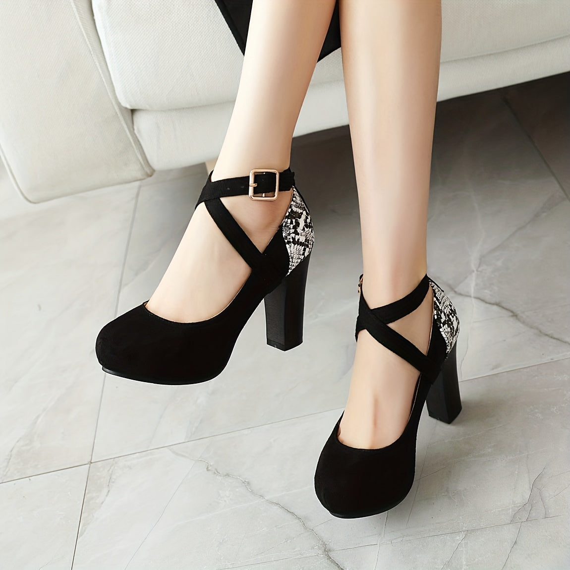 Snakeskin Cross Strap Block Heeled Sandals