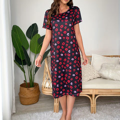 Lip Print Crew Neck Nightdress Short Sleeve Sleep Dress Women's Sleepwear
