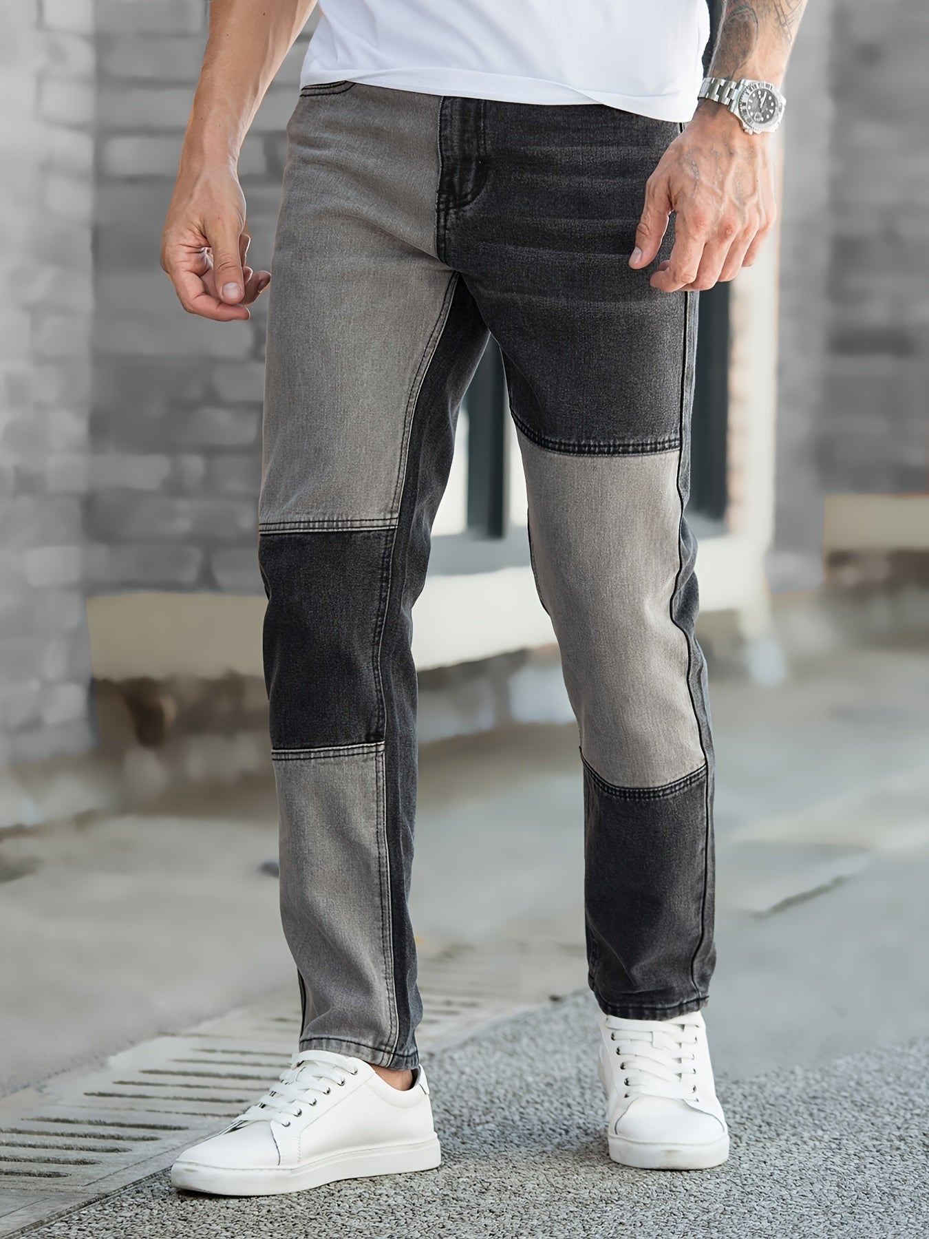 Men's Block Patchwork Pattern Jeans With Pockets