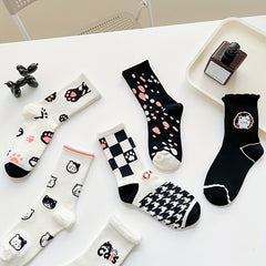 6 Pairs Cartoon Cat Print Socks Women's Mid Tube Stockings