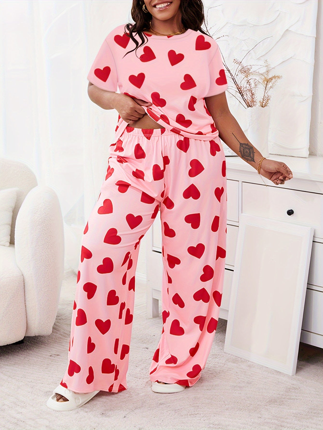 Heart Print Lounge Set Women's Plus Pajamas 2 Piece Set