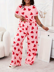 Heart Print Lounge Set Women's Plus Pajamas 2 Piece Set