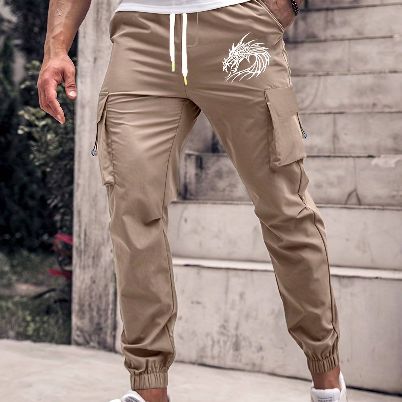 Dragon Pattern Cargo Pants Men's Straight Leg Casual Outdoor Trousers