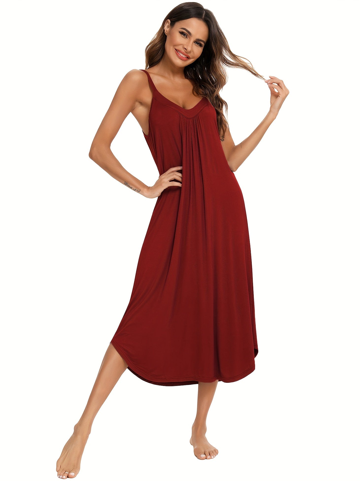Solid Pleats Cami Lounge Dress Elastic Long Dress Women's Loungewear