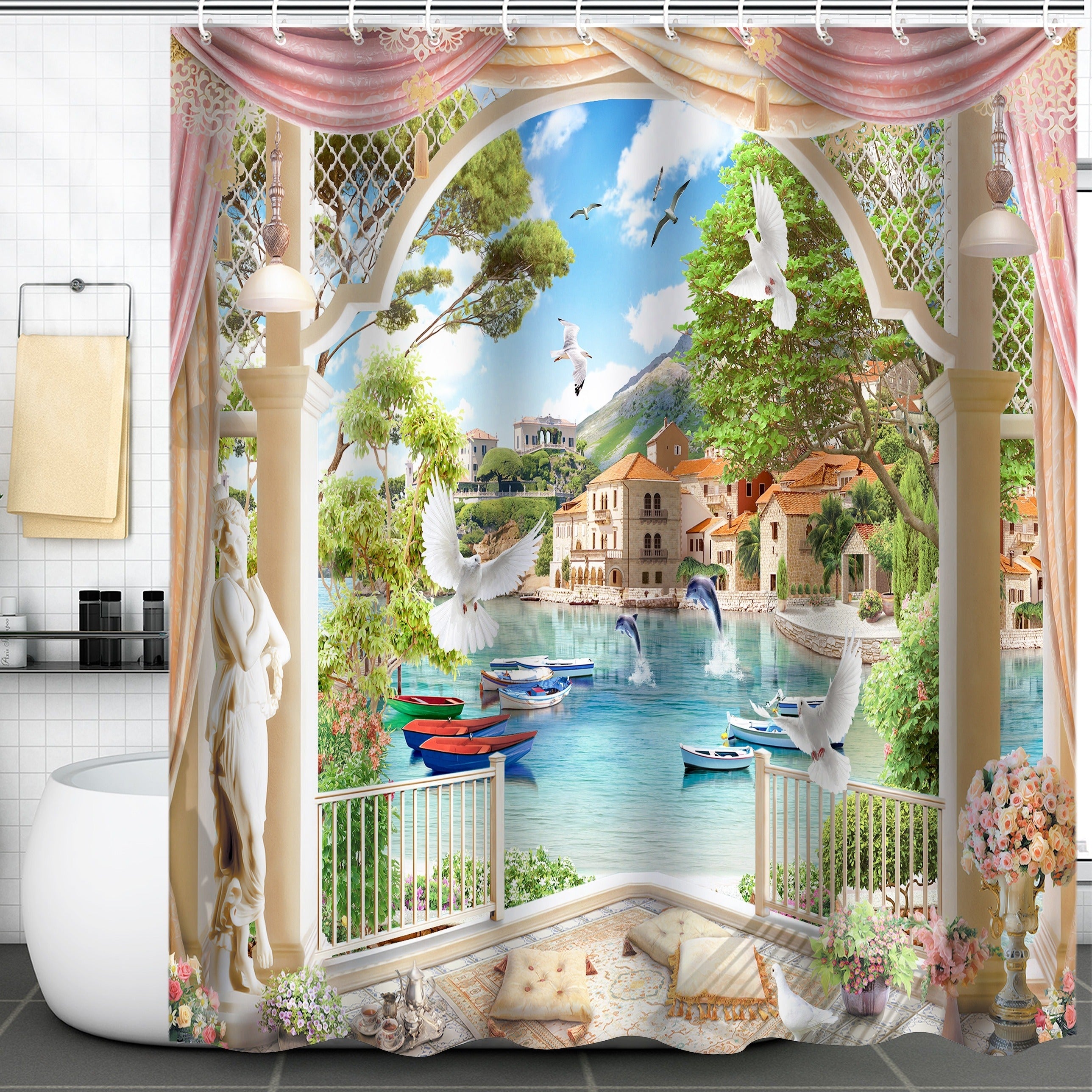 Seaside Courtyard Shower Curtain Summer Vacation Decoration