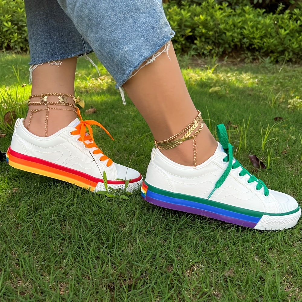 Women's Rainbow Canvas Sneakers Low Top Flat Skate Shoes