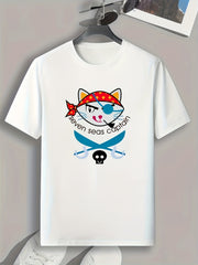 Pirate Cat Pattern Print Men's Comfy Sports T-shirt Graphic Tee