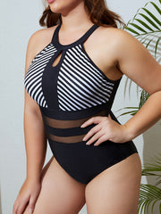 Sexy Swimsuit Colorblock Striped Print Contrast Mesh One Piece