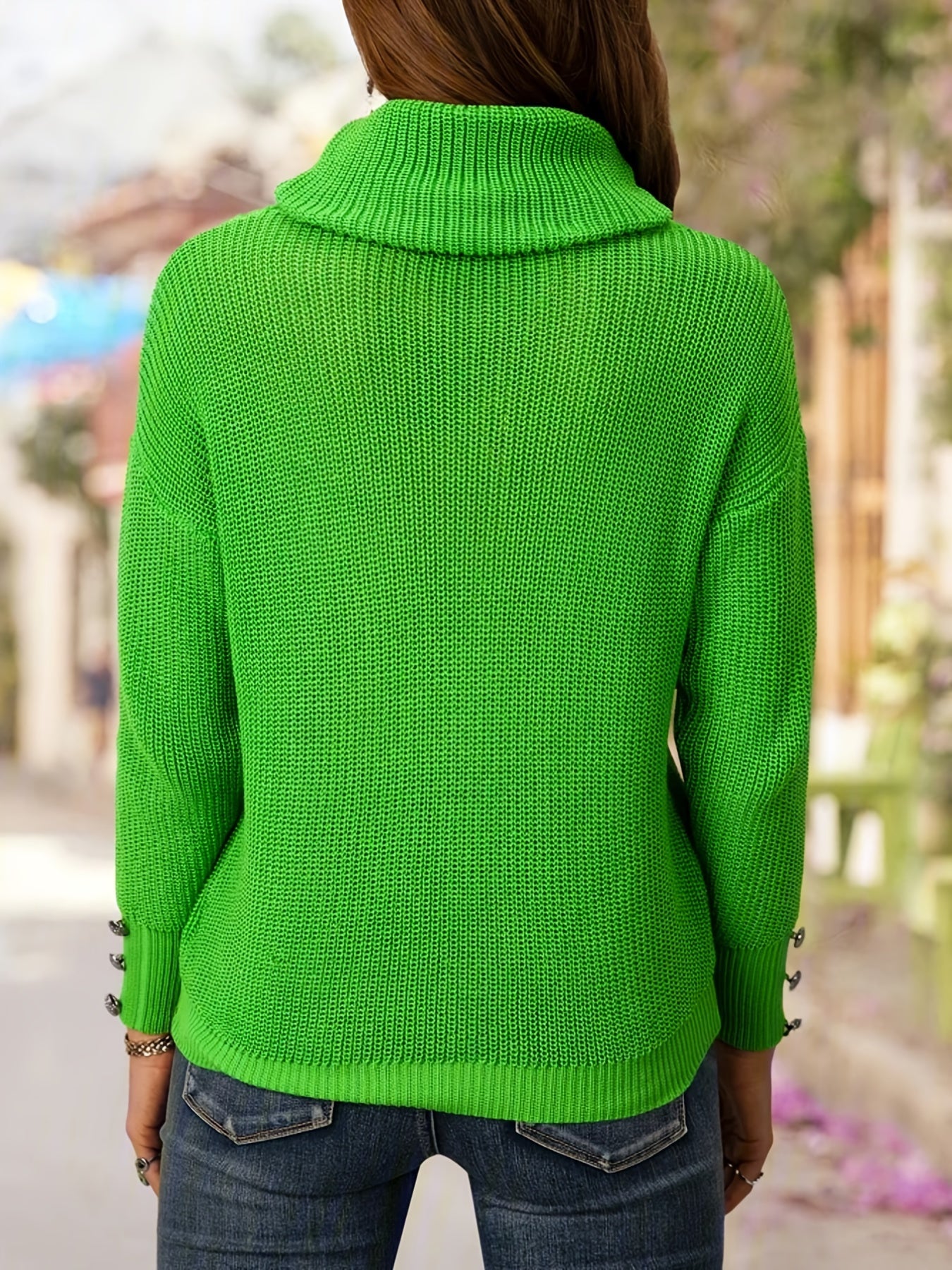 Buttoned Turtleneck Top Long Sleeve Sweater