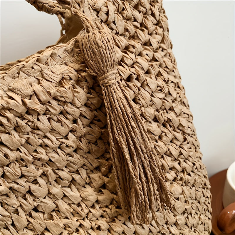 Large Capacity Straw Handbag Lightweight Braided Satchel Bag With Tassel