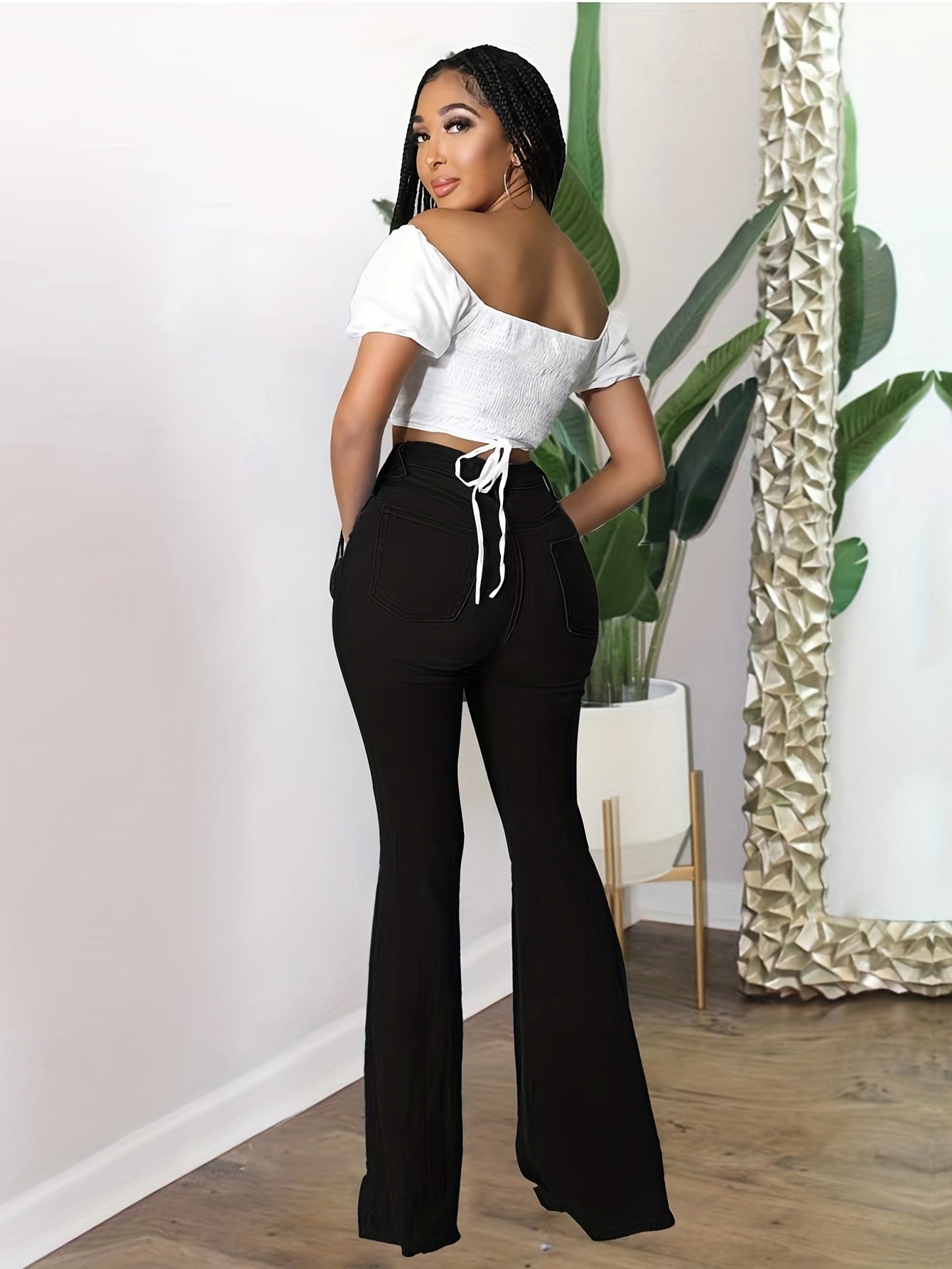 Stretch Flare Leg Jeans Vintage Style Denim Trousers
