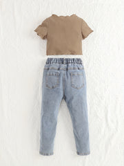 Girls Pit Strip Short Sleeve T shirt & Elastic Waist Jeans Set