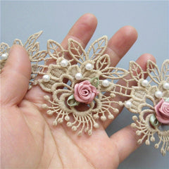 Faux Pearl Flower Lace Trim Embroidered Ribbon Fabric Sewing Craft 1 Yard