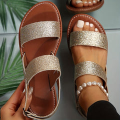Glitter Sequins Flat Sandals with Buckle Strap