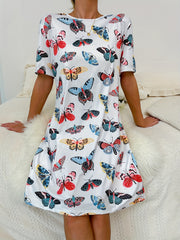 Butterfly Print Lounge Dress Soft & Comfy Short Sleeve Home Dress Women's Lounge
