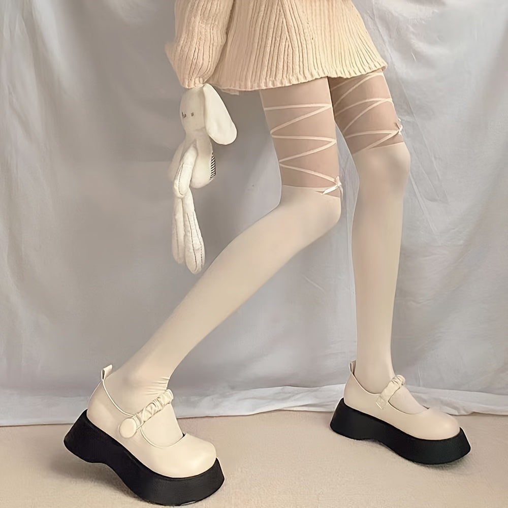 Criss Cross Pattern Bow Tie Pantyhose Semi Sheer Stockings