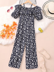 Girls Holiday Style Jumpsuit Ruffles & Flowers Print Short Sleeve Jumpsuits