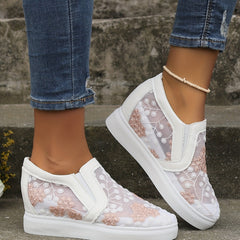 Women's Mesh Wedge Sneakers Floral Embroidered Low Top Slip On Shoes