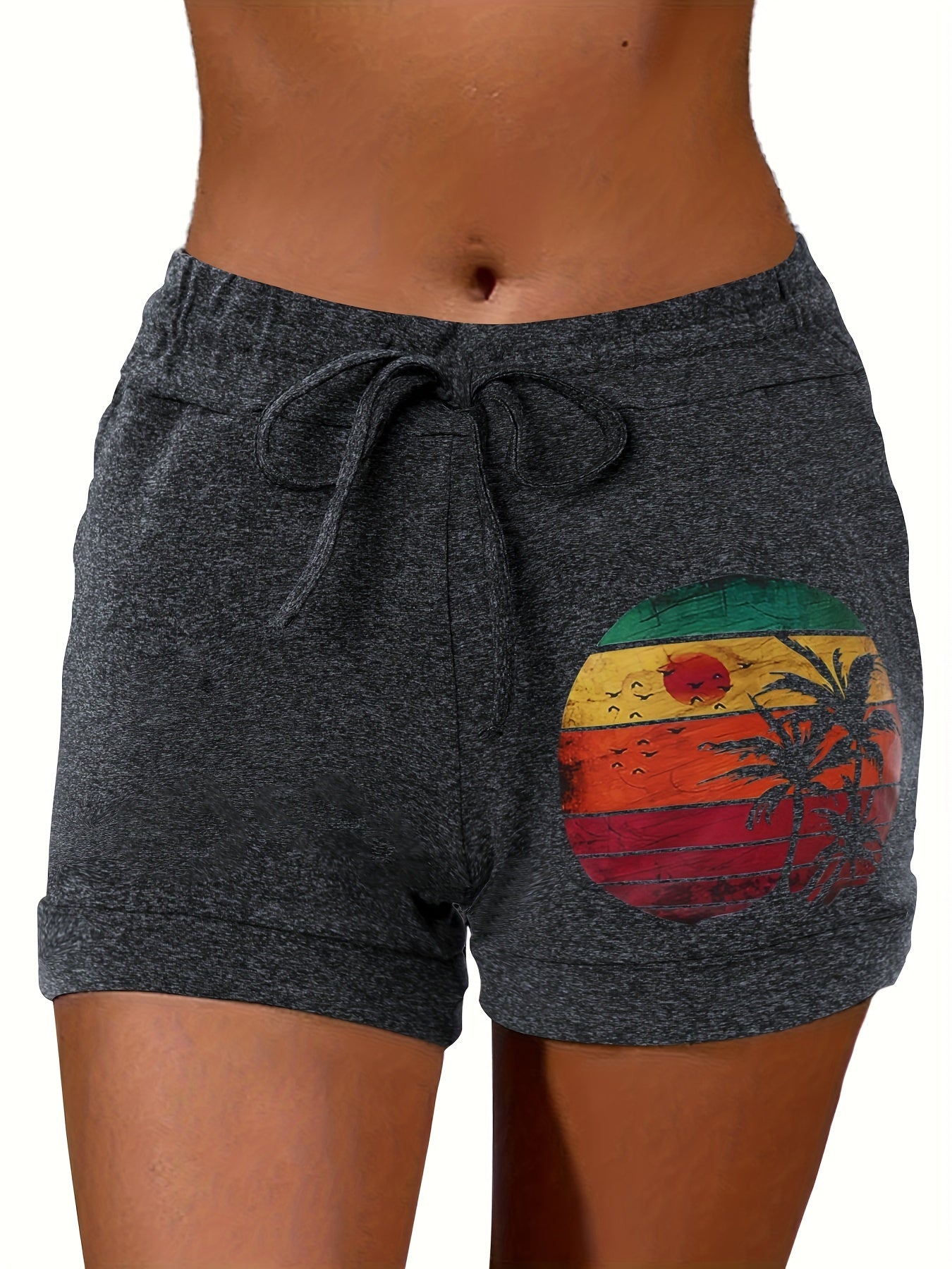 Coconut Tree & Sun Print Drawstring Shorts Spring & Summer Casual Shorts