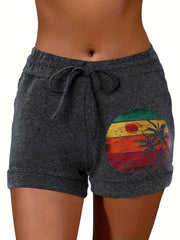 Coconut Tree & Sun Print Drawstring Shorts Spring & Summer Casual Shorts