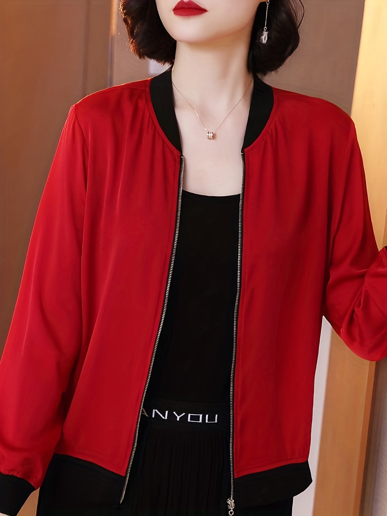 Solid Zip Up Jacket Baseball Neck Long Sleeve Outerwear