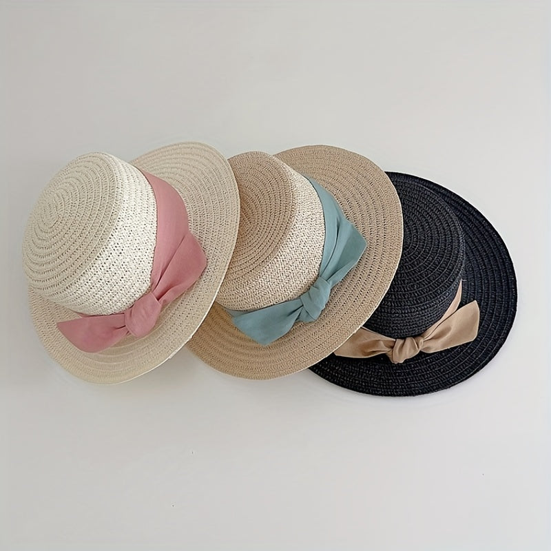 Kids Straw Hat Bowtie Decor Flat Beach Sun Hat