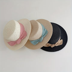 Kids Straw Hat Bowtie Decor Flat Beach Sun Hat