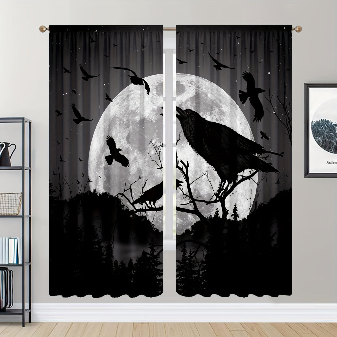 2 Panels Moon Crow Printed Curtains Rod Pocket Window Curtains