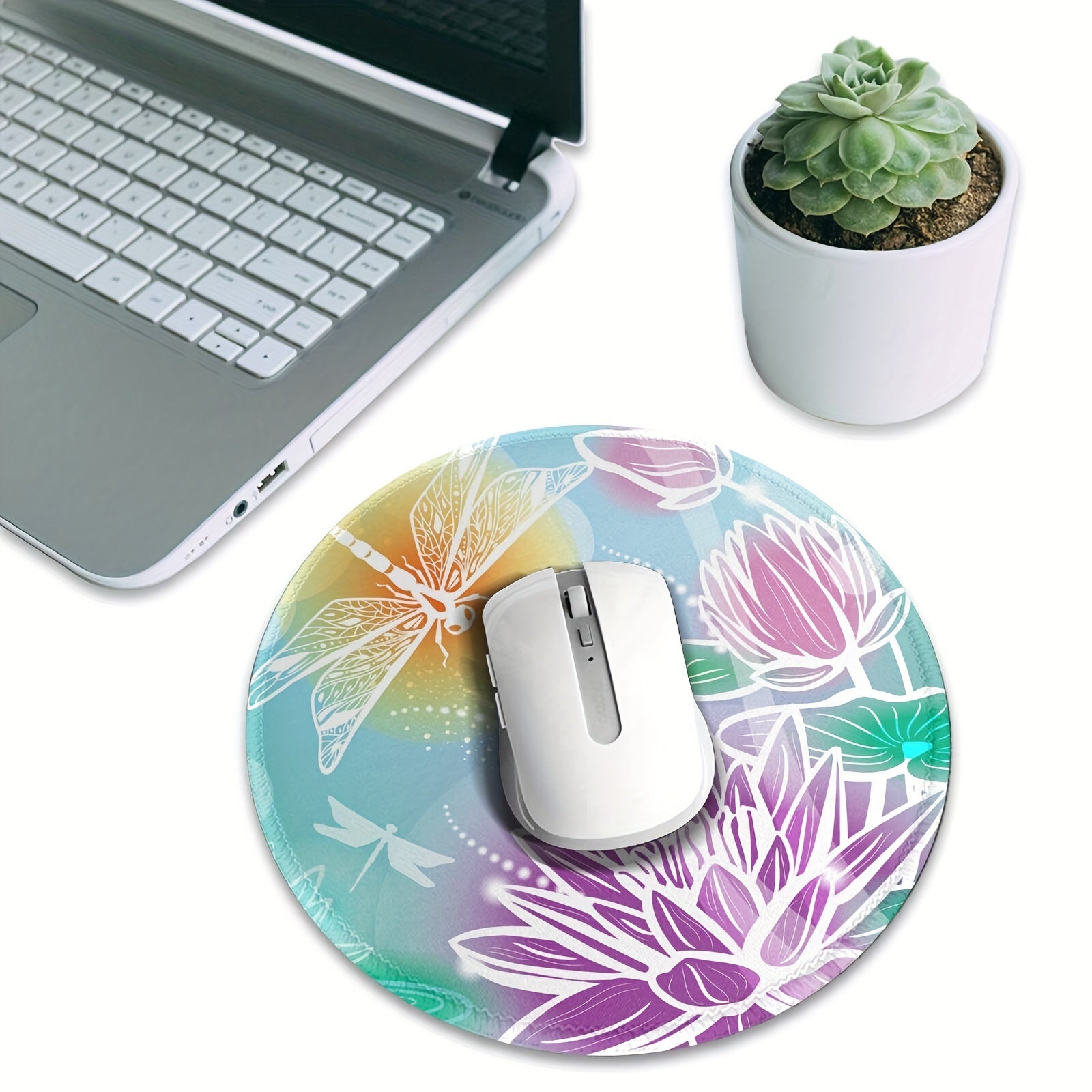 Dragonfly And Lotus Pattern Circular Stitched Edge Mousepad