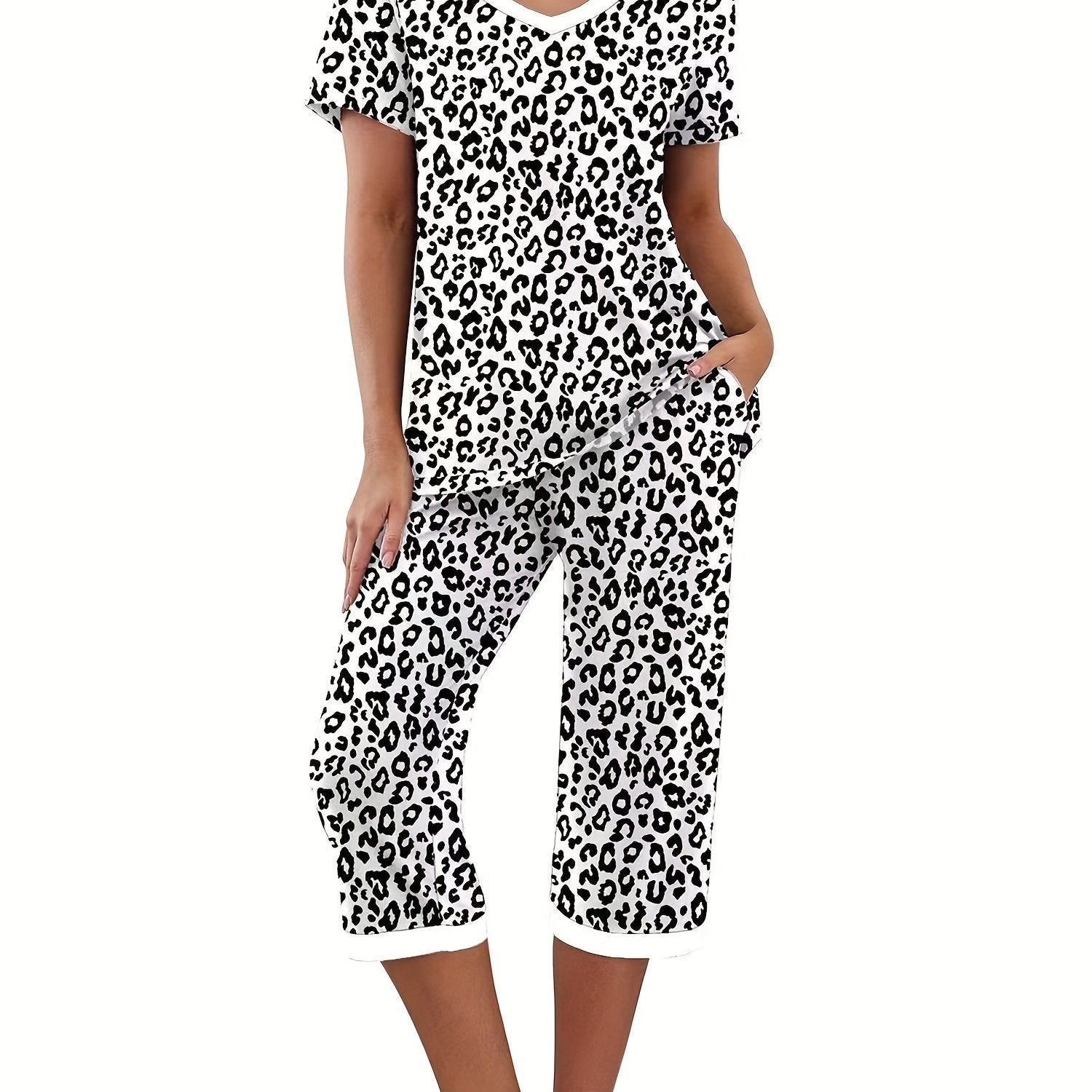Leopard Print Lounge Set V Neck Short Sleeve Top & Elastic Waistband Pants