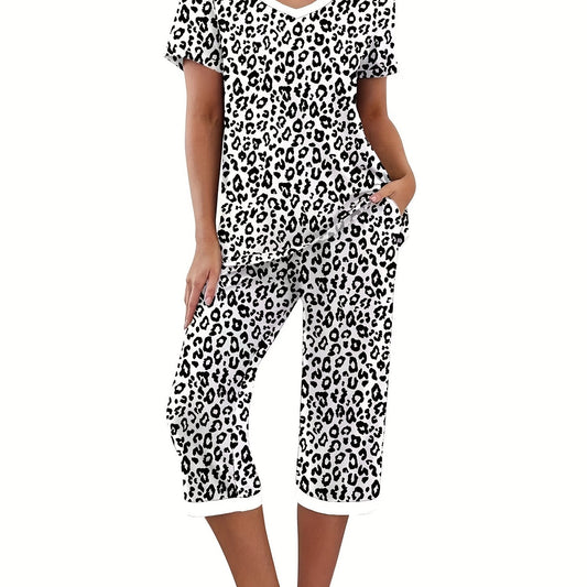 Leopard Print Lounge Set V Neck Short Sleeve Top & Elastic Waistband Pants