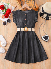 Girls' Casual Dress Thin Frilled Sleeveless A Line Dress With Belt
