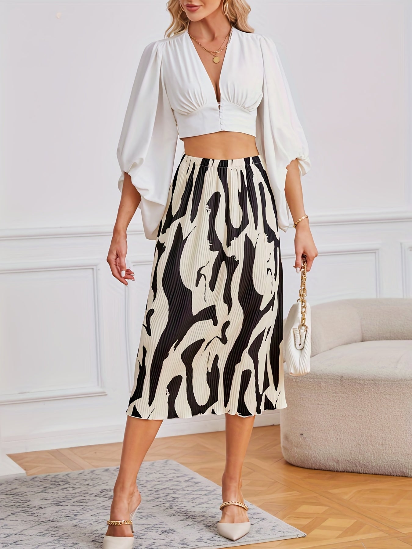 Abstract Print Ribbed Skirts High Waist Midi Skirts