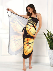 Butterfly Print Surplice V Neck Cover Up High Strech Sleeveless Beach Cover Dres