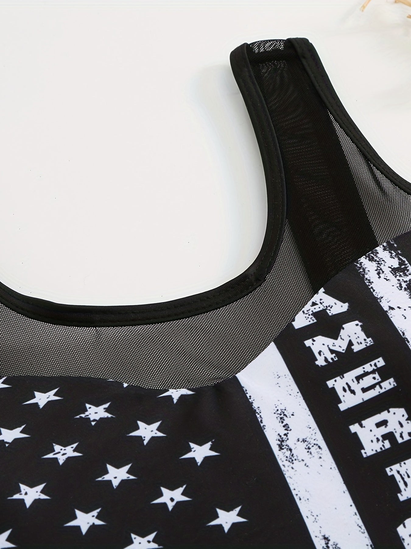 American Flag Mesh Drawstring 2 Pc Tankini Set Round Neck Stretchy Top & Bottoms