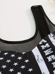 American Flag Mesh Drawstring 2 Pc Tankini Set Round Neck Stretchy Top & Bottoms
