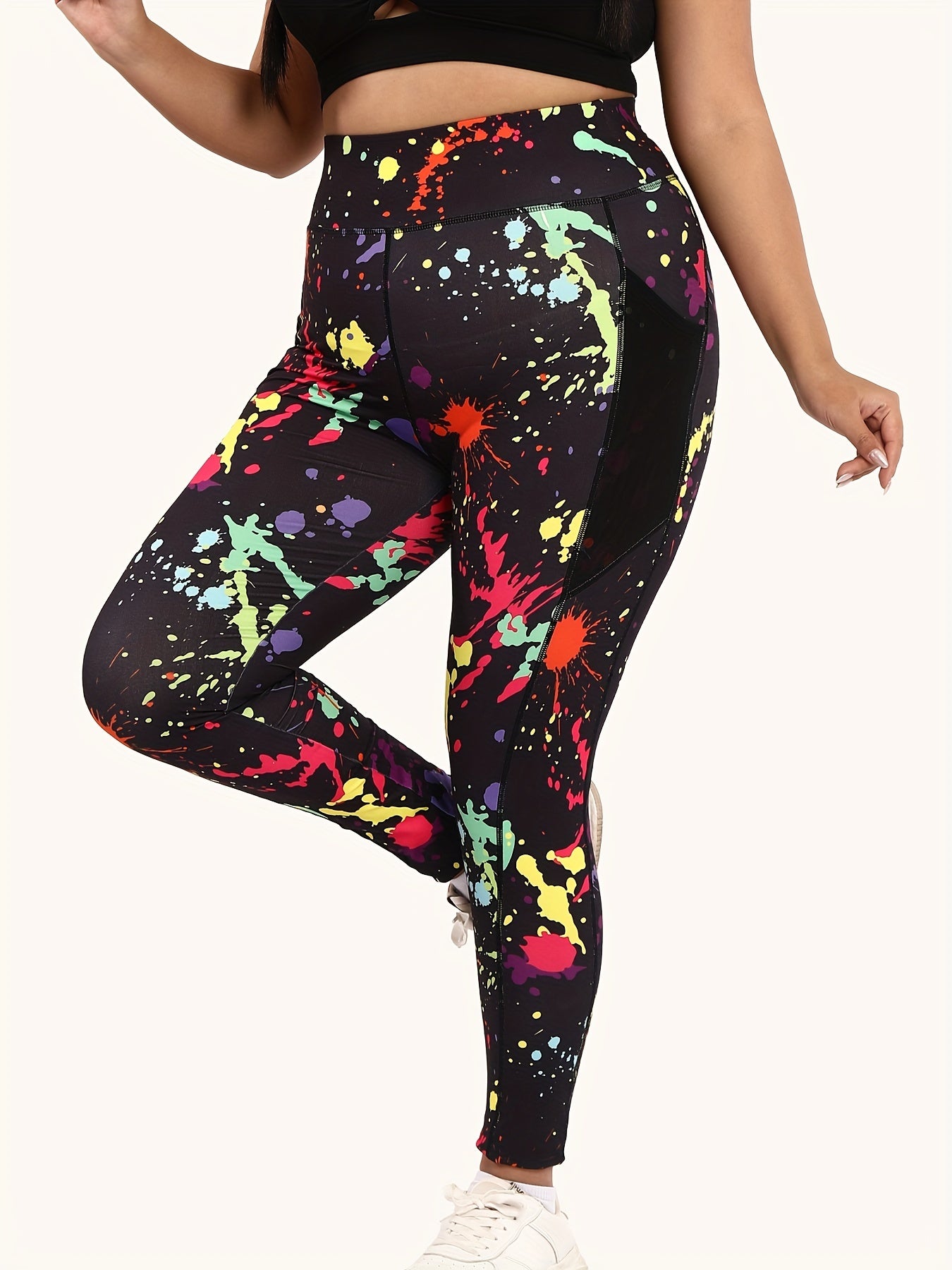 Sports Leggings Women's Plus Splash Print Wide Band Waist High Rise