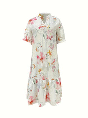 Boho Dress Women's Plus Leaf & Stripe Print Maxi Smock Dress