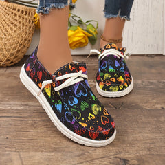 Heart Pattern Skate Shoes Women Flat Lightweight Lace-up Canvas Sneakers