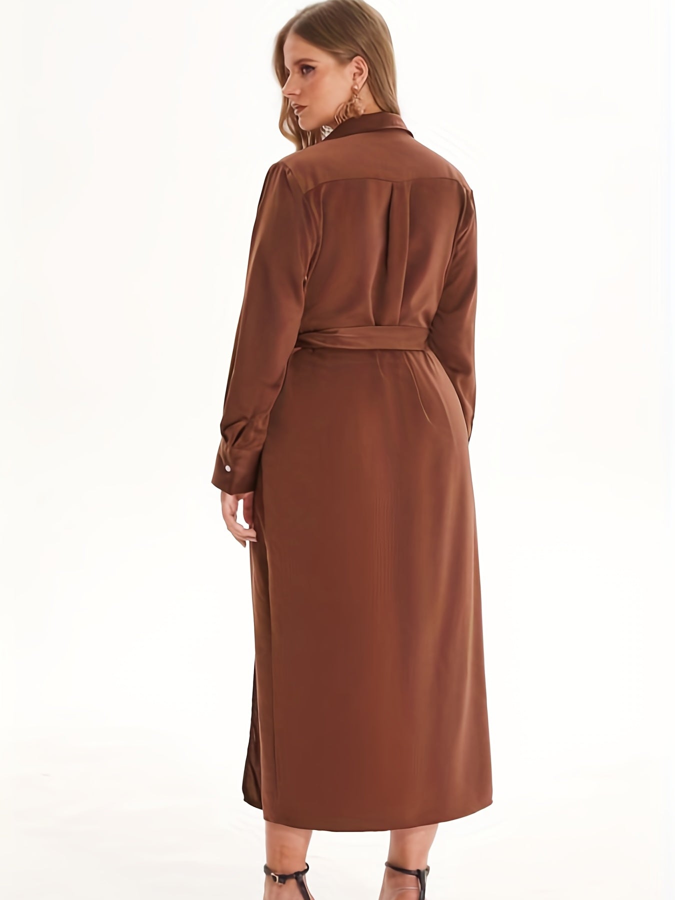 Satin V Neck Long Sleeve Wrap Maxi Dress Women's Plus Medium
