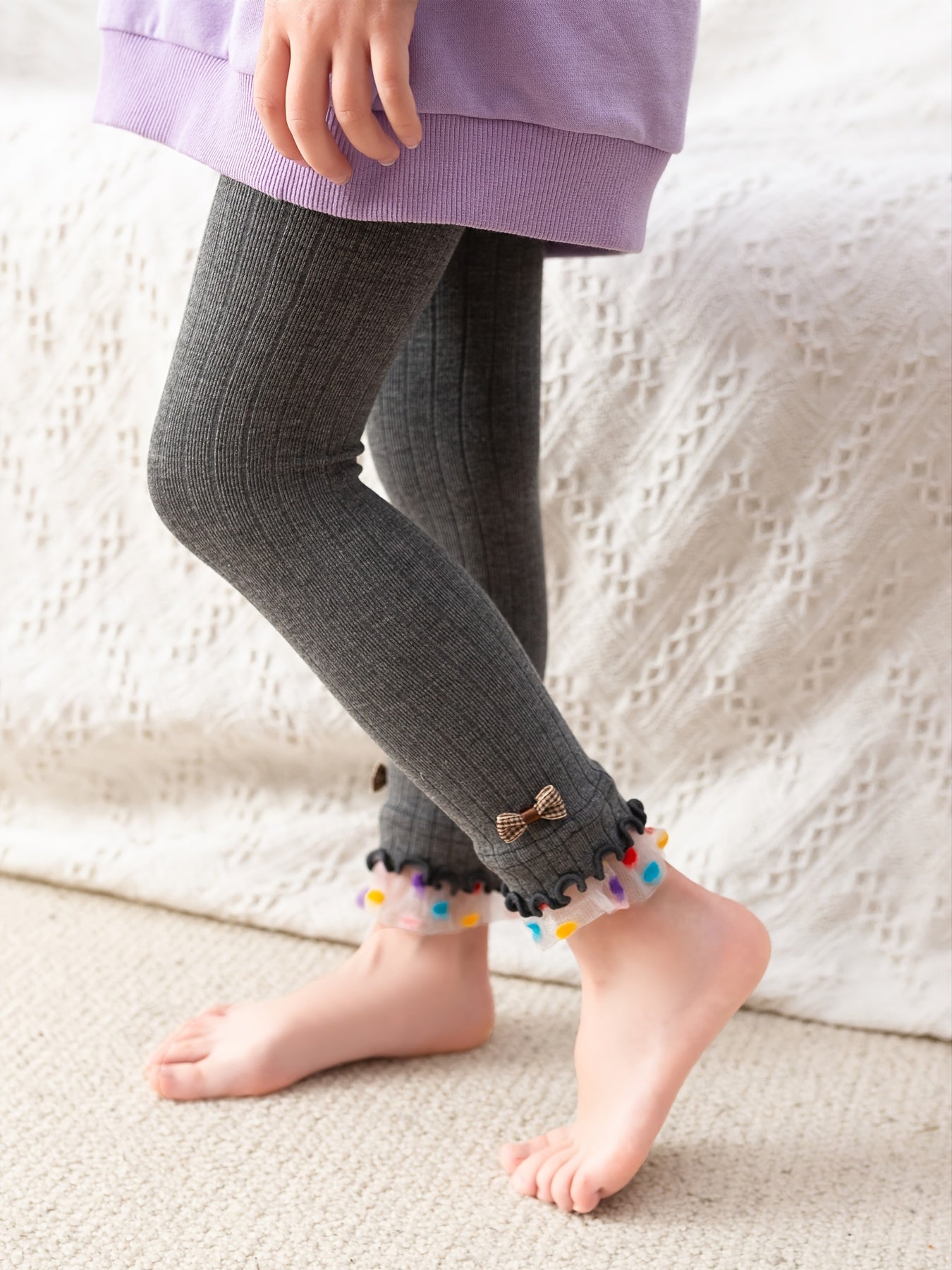 Girls Stretch Leggings Vertical Stripes Bow Tulle Splicing Footless Tights