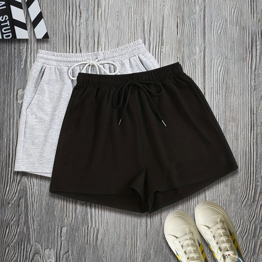 2 Pack Plus Size Casual Shorts Set Women's Plus Drawstring Baggy Shorts