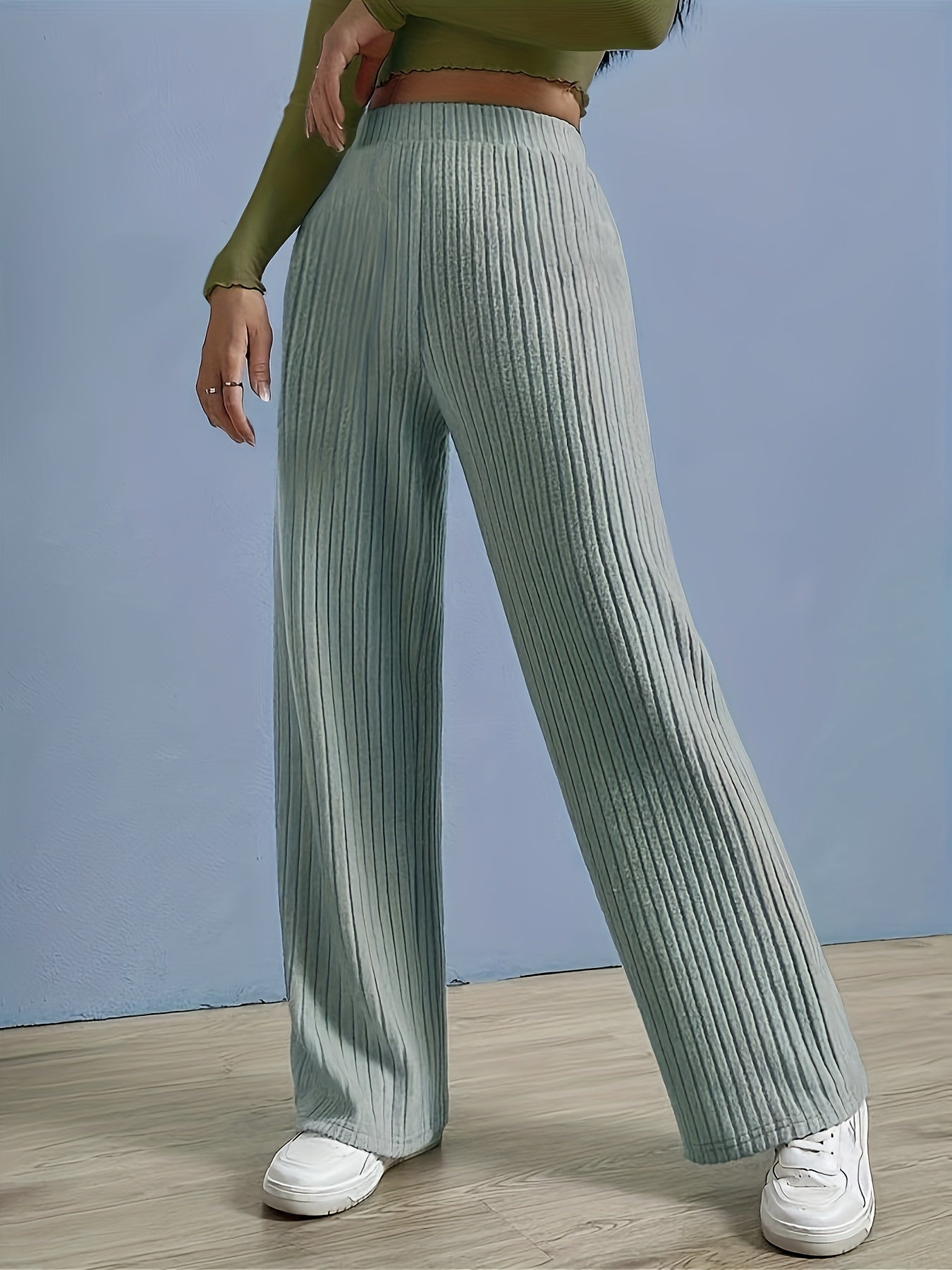 Ribbed Straight Leg Pants Casual Elastic Waist Pants