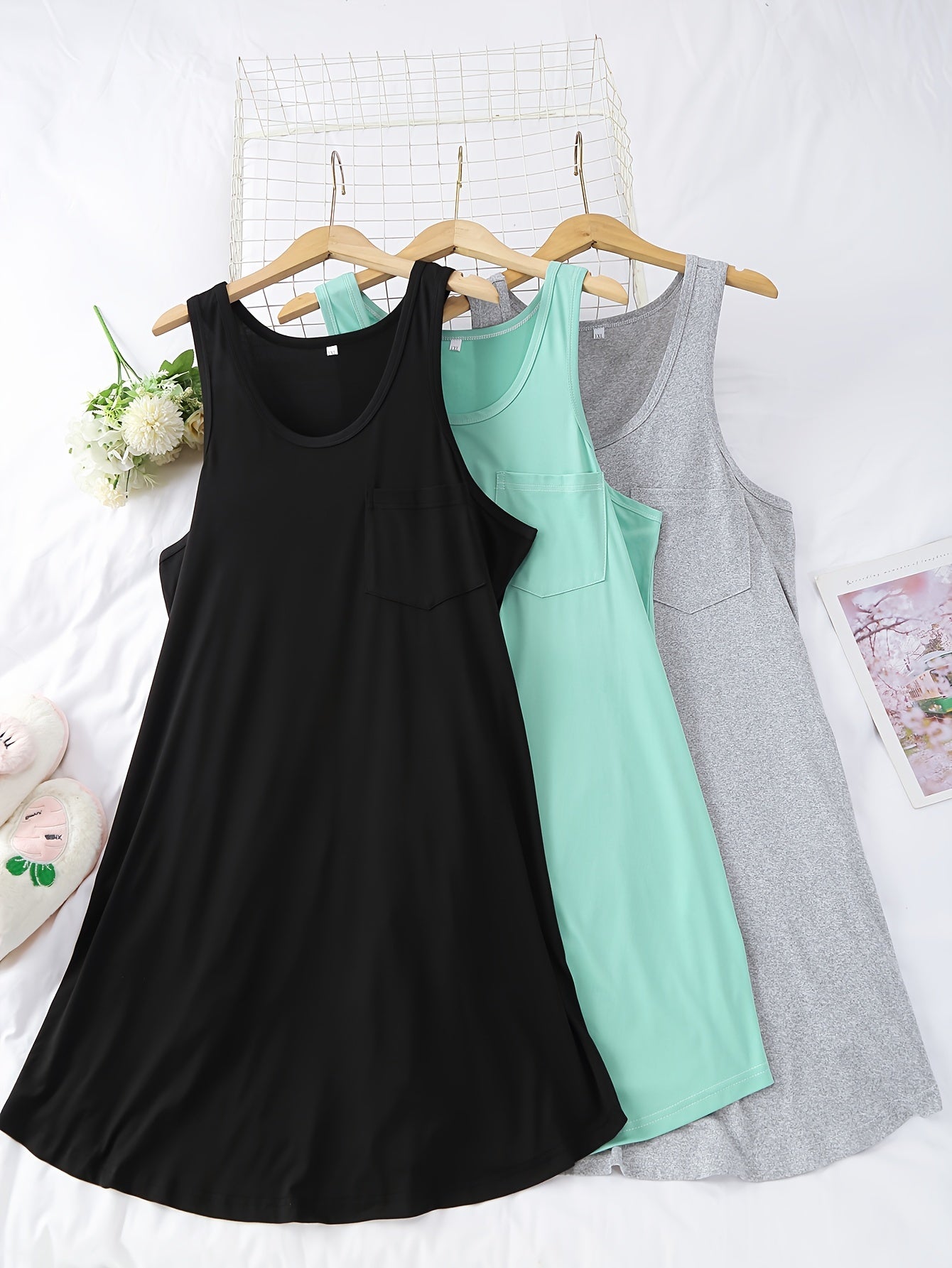 3 Pack Plus Size Nightdress Set Women's Plus Solid Round Neck