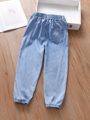 Girl's Embroidered Jeans, Elastic Waist Trousers
