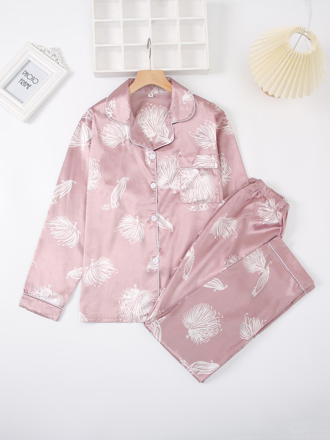 Satin Floral Print Pajama Set Long Sleeve Tops & Pants
