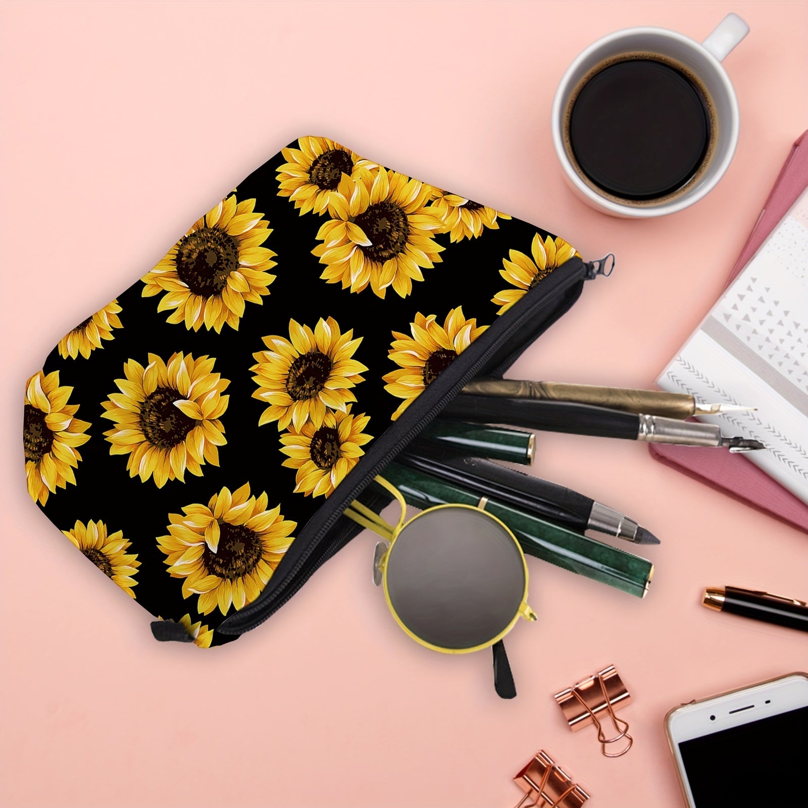 Sunflower Pattern Cosmetic Bag, Waterproof & Durable, Gift