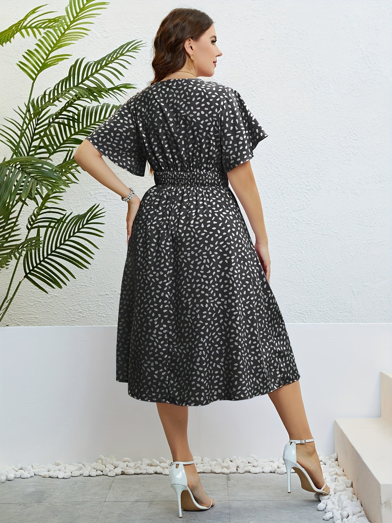 Butterfly Sleeve Surplice Neck Waist Pleated Dress