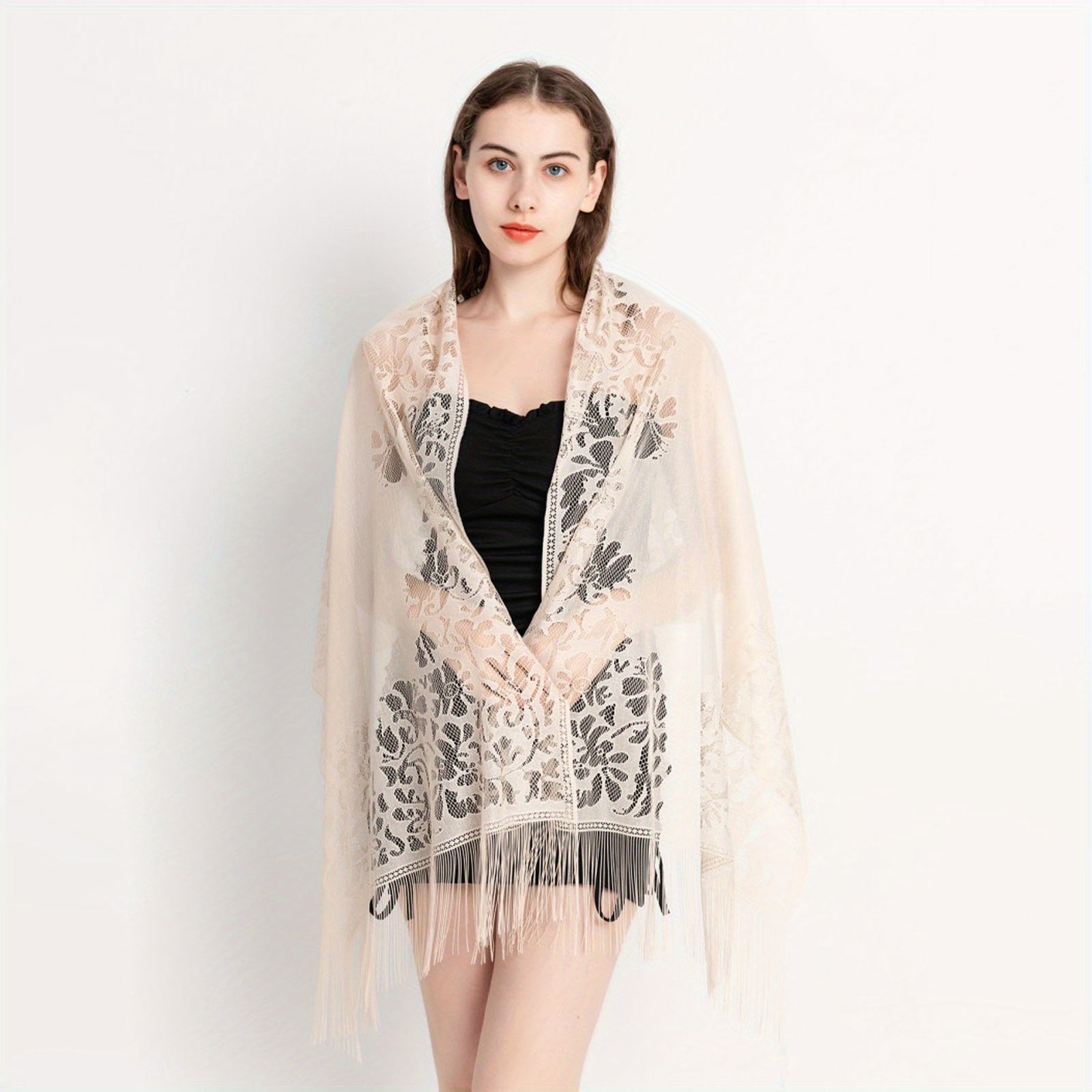 Flower Hollow Out Tassel Shawl Casual Solid Wrap Long Cape